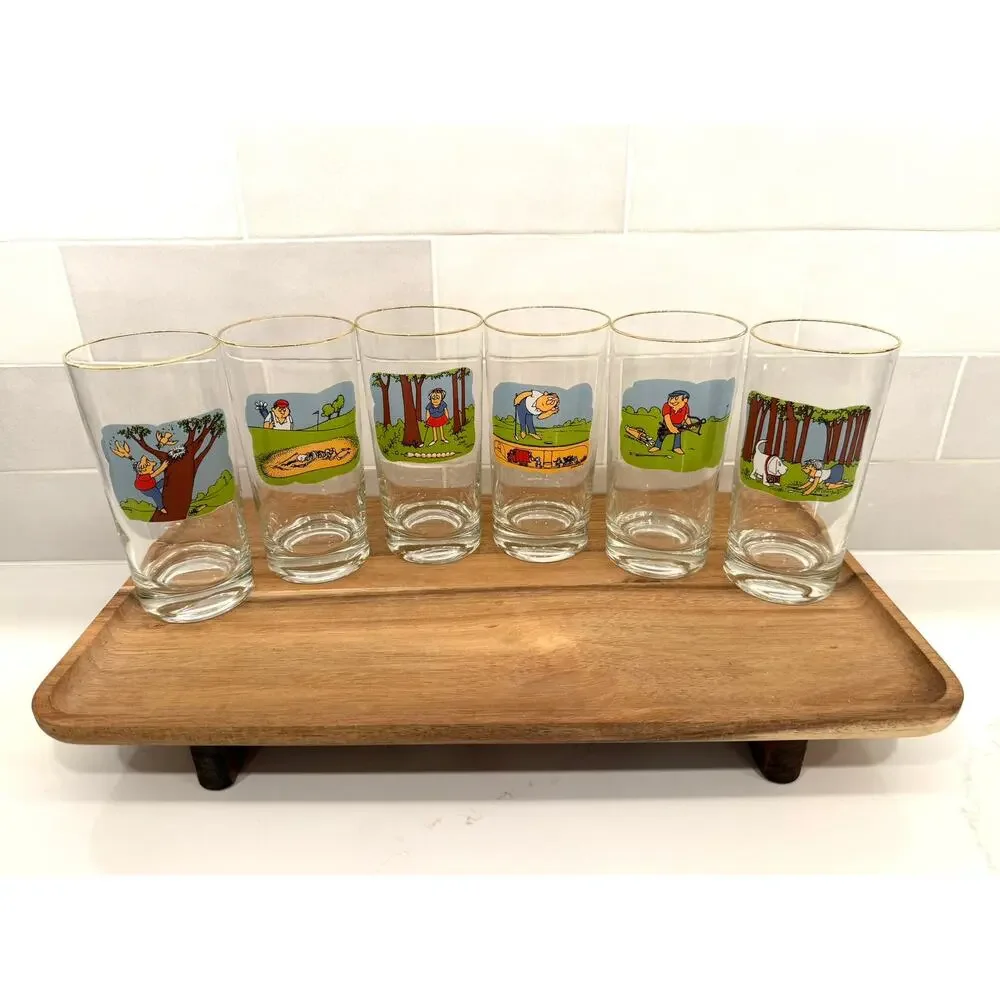 Vintage Ashby Cartoon Golf Tumbler Drinking Glasses Set‎ of 6